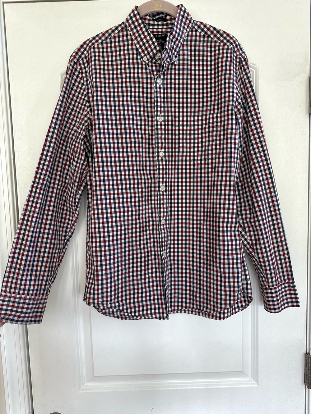 J.Crew Slim Fit Button Oxford Long Sleeve Navy Burgundy Check Flex Washed Medium